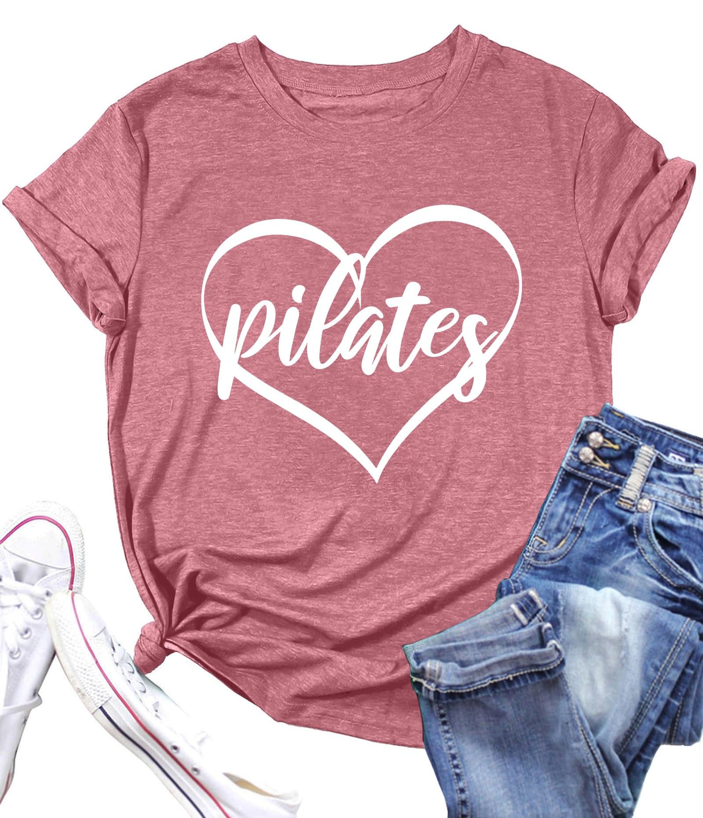 PECHAR Pilates Shirts for Women - Yoga Workout Graphic Heart Tees Sports Lover Tops Pilates Teacher Gifts Blouse T-Shirts Pink