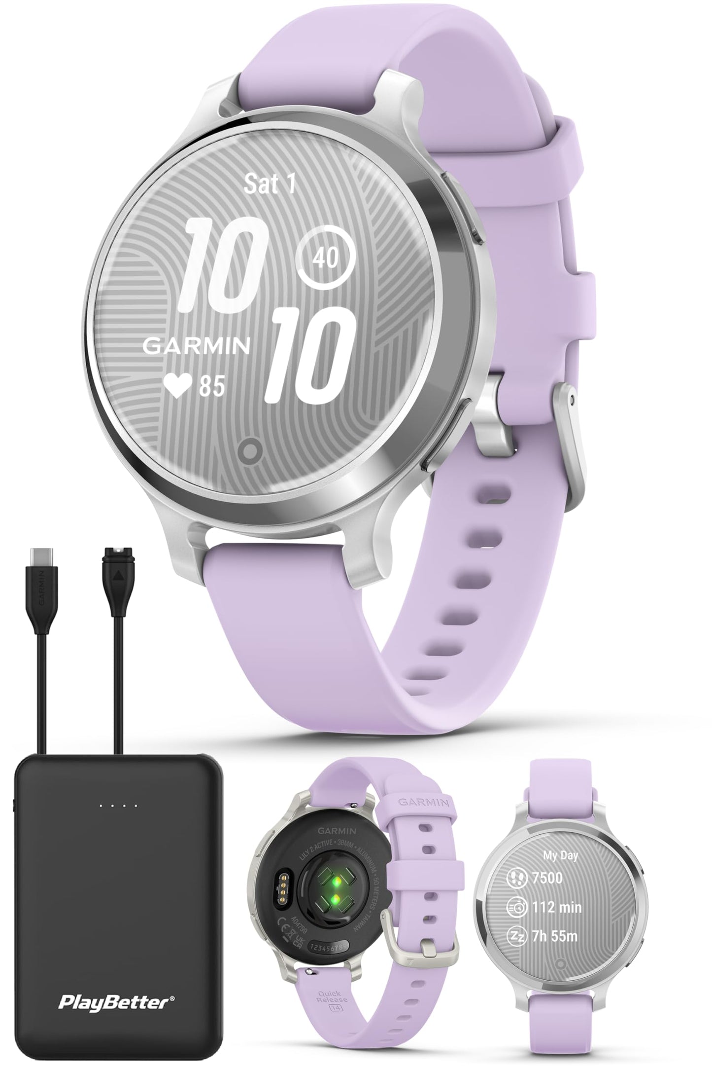 Garmin Lily 2 Active Smartwatch Bundle - Women's Fitness Silver and Purple Tracker with GPS