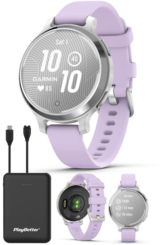 Garmin Lily 2 Active Smartwatch Bundle - Women's Fitness Silver and Purple Tracker with GPS